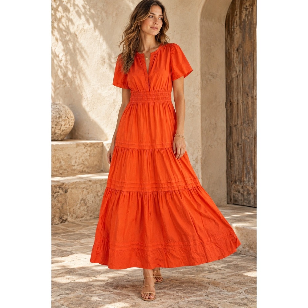 Quince Maxi Dress Women Sz S Orange Tiered 100% Organic Cotton Cottage